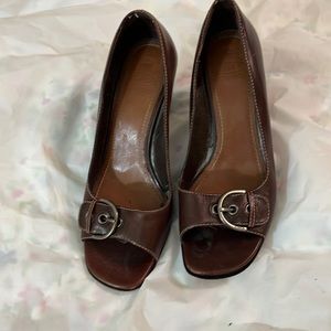 Franco Sarto brown peep toe with silver buckle adjustable